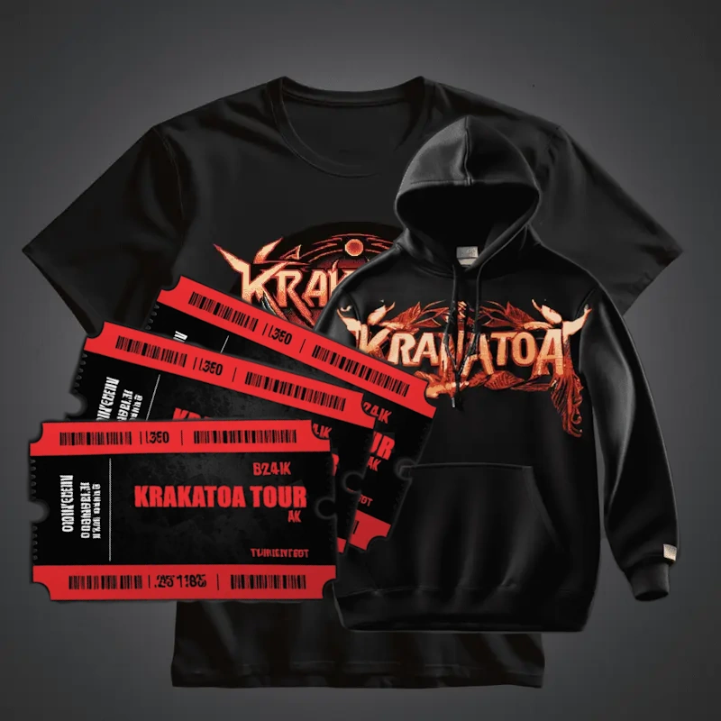 Eine Sammlung aus Merch Artikeln aus dem Krakatoashop