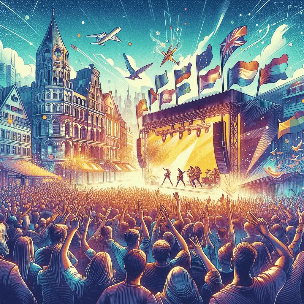 Die Band bei einem Auftritt auf einer Bühne in einer großen Stadt vor einer riesigen Menschenmenge